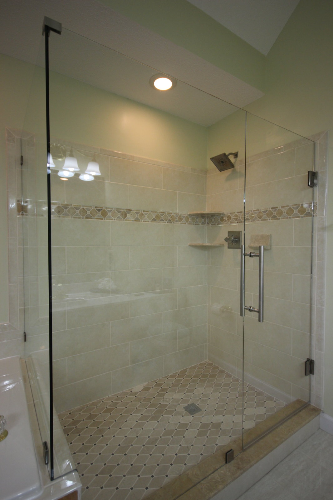 Corner Glass Shower With Ladder Handle And Brushed Nickel Hardware