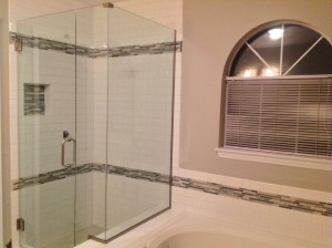 Standard 3/8" clear glass shower enclosure with 90 degree notch panel using U-Channel Raleigh Cary Durham Chapel Hill 