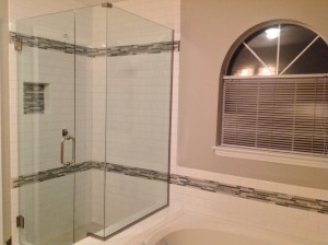 Standard 3/8" clear glass shower enclosure with 90 degree notch panel using U-Channel Raleigh Cary Durham Chapel Hill